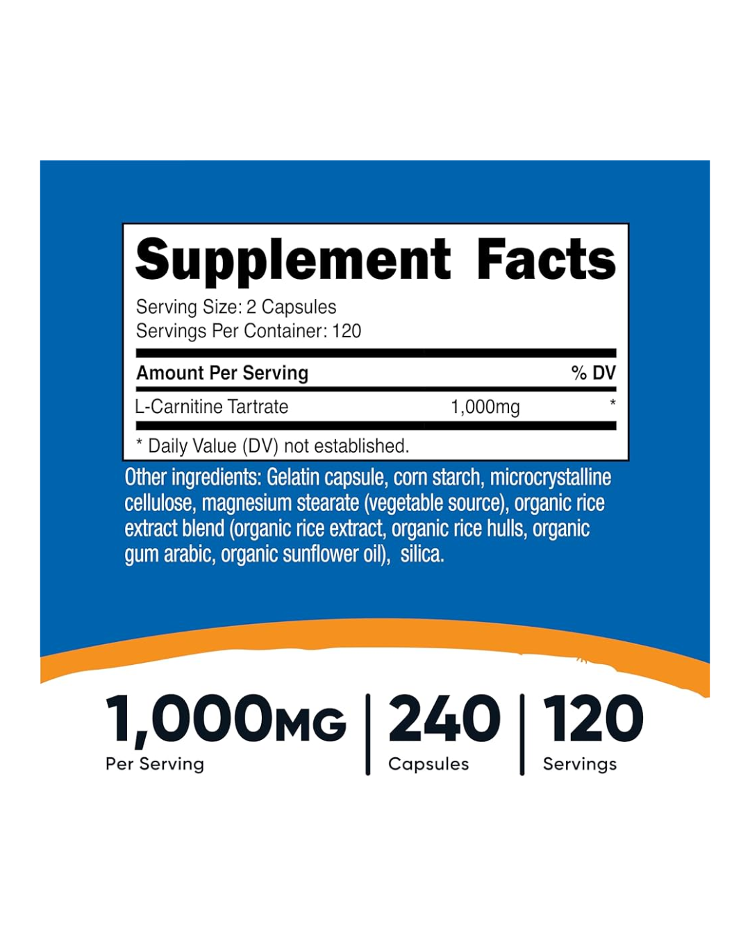 L-Carnitina 1,000 mg, 240 cápsulas - 500 mg por cápsula, 120 porciones