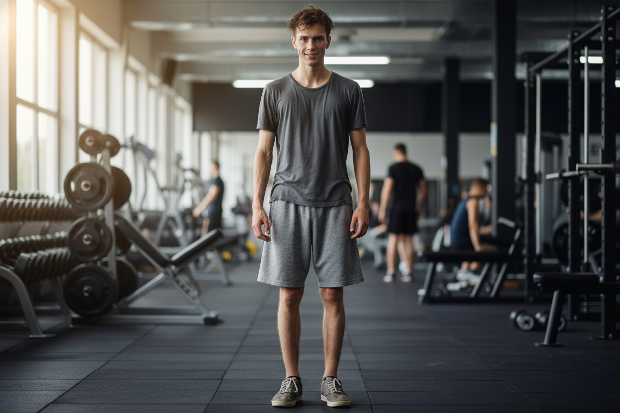 genera la imagen de un chico fitnes que se nota que recien acaba de comenzar a entrenar, mira a la camara de forma fija y se nota de cuerpo completo, es faco y se nota poco entrenado 