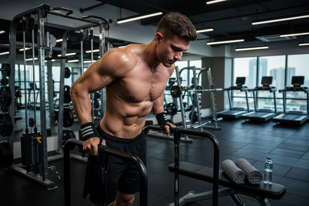 Genera la imagen de un chico musculoso en el gym haciendo ejercicio especificamente fondos en barras paralelas y que se note que lleva arrastre y muñequeras y tambien unas toallas 