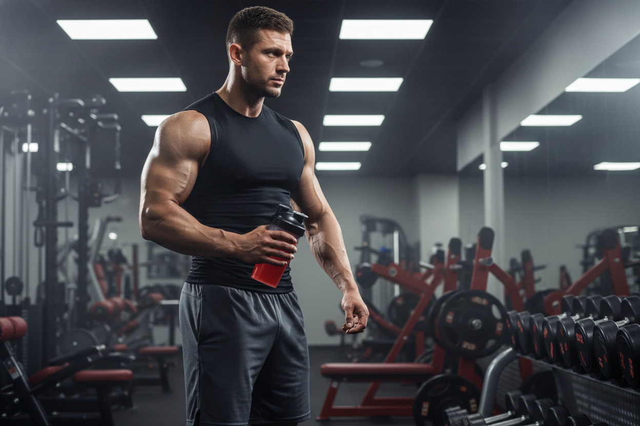 genera la imagen en formato hiperrealista, fotografico atractivo de un modelo que este tomando su pre entrenamiento y este apunto de entrenar, esteticamente musculoso 